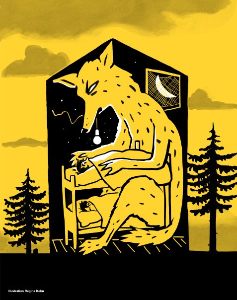 Illustration in schwarz und gelb, Traumbild mit 2 kindern im Bett darüber wacht ein Wolf