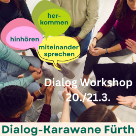 Gruppe von Menschen sitzt im Kreis, darüber bunte Sprechblasen mit den Worten 'hinhören', 'herkommen' und 'miteinander sprechen'
