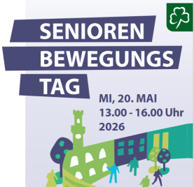 Plakat für Senioren Bewegungstag am 20. Mai 2026, in weiße Schrift auf lila Untergrund, im unteren Teil des Bildes eine grafisch angedeutete Stadtsilhouette