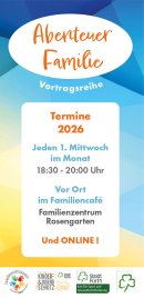 Oval mit dem Schriftzug 'Abenteuer Familie' in orange und darunter 'Vortragsreihe' in weiß auf blauem Hintergrund