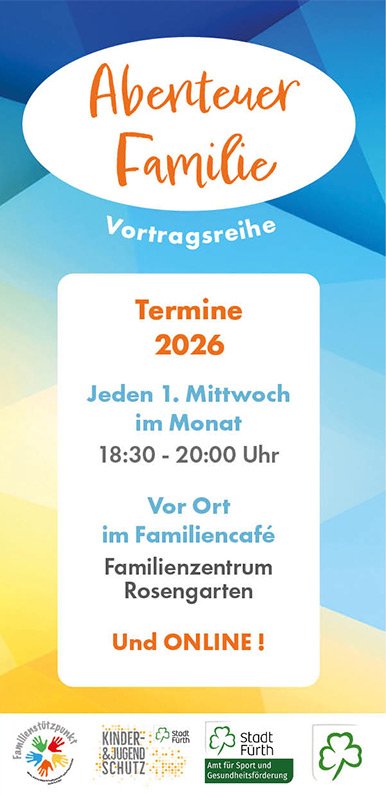 Oval mit dem Schriftzug 'Abenteuer Familie' in orange und darunter 'Vortragsreihe' in weiß auf blauem Hintergrund