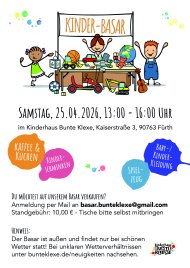 Zeichnung: Drei fröhliche Kinder stehen an einem Tisch mit Spielzeug unter einem Schild mit der Aufschrift 'KINDER-BASAR'