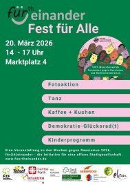 Grüne Veranstaltungsankündigung mit Datum, Uhrzeit, Ort und Programmpunkten sowie einer Illustration vielfältiger Gesichter