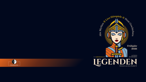 Grafische Darstellung eines Ritters mit Helm und Schwert vor dunklem Hintergrund mit Texten zu Live-Hörspielen, alten Mythen und neuen Geschichten im Frühjahr 2026 in Fürth und Nürnberg