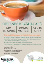 Orangefarbene Kaffeetasse mit Kaffee auf weißem Unterteller vor unscharfem Holztisch und Text 'OFFENES ERZÄHLCAFÉ