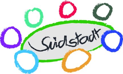 Bunte, unregelmäßige Kreise umgeben das handschriftliche Wort 'Südstadt' in einem grünen Oval