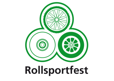 Drei grüne stilisierte Räder in Dreiecksform über dem Schriftzug 'Rollsportfest'