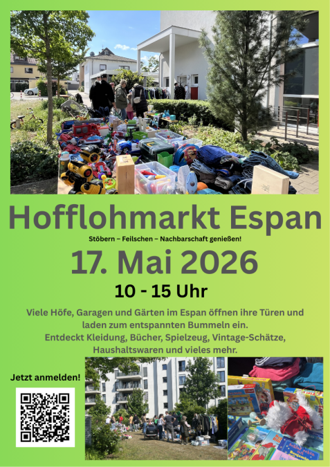 Tisch mit Spielzeug, Kleidung und Haushaltswaren vor einem Wohnhaus, mehrere Menschen im Hintergrund