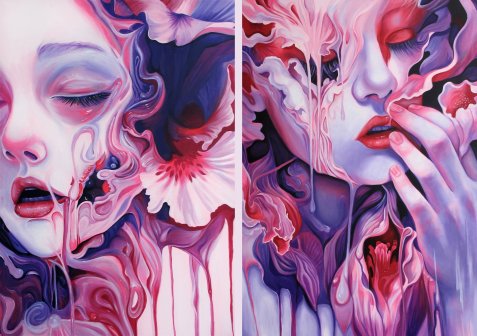 Diptychon mit jeweils einer Frauenfigur in Rot-, Violett- und Blautönen auf jedem Panel. Aufgelöst und umgeben von floralen und abstrakten Formen
