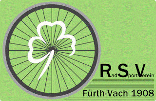 Fahrradvorderrad mit einem Kleeblatt als Speichenmuster und dem Schriftzug 'RSV Rad Sport Verein Fürth-Vach 1908'