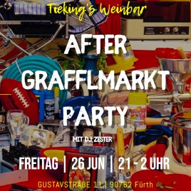 Bunte Szene mit verschiedenen Gegenständen wie einem Football, Gläsern, einem Eimer mit Flasche, einem gelben Becher und einem Grill, darüber der Text 'Tieking's Weinbar AFTER GRAFFLMARKT PARTY MIT DJ ZESTER'