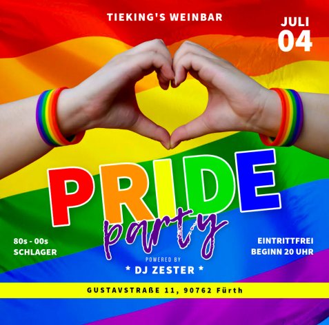 Zwei Hände formen vor einer Regenbogenfahne ein Herz, beide Handgelenke tragen Armbänder in Regenbogenfarben, darüber steht 'TIEKING'S WEINBAR', darunter in großen bunten Buchstaben 'PRIDE party'