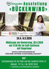 Frau mit weißem Langarmshirt lehnt an einem Holzgeländer im Park neben Bäumen und Wiese, daneben Text zur Ausstellung 'Rückenwind' und Logos von Förderern