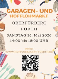 Text mit Ankündigung eines Garagen- und Hofflohmarkts in Oberfürberg Fürth umgeben von Illustrationen verschiedener Kleidungsstücke und Accessoires