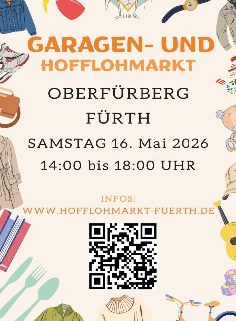 Text mit Ankündigung eines Garagen- und Hofflohmarkts in Oberfürberg Fürth umgeben von Illustrationen verschiedener Kleidungsstücke und Accessoires