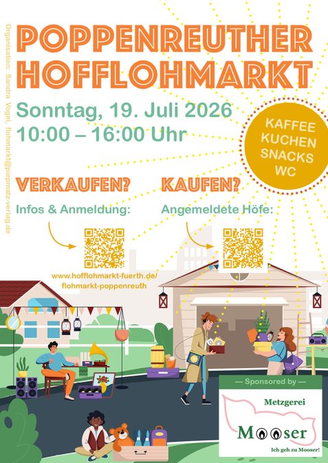 Plakat für den Poppenreuther Hofflohmarkt mit einem gelben Kreis mit den Worten 'Kaffee Kuchen Snacks WC'
