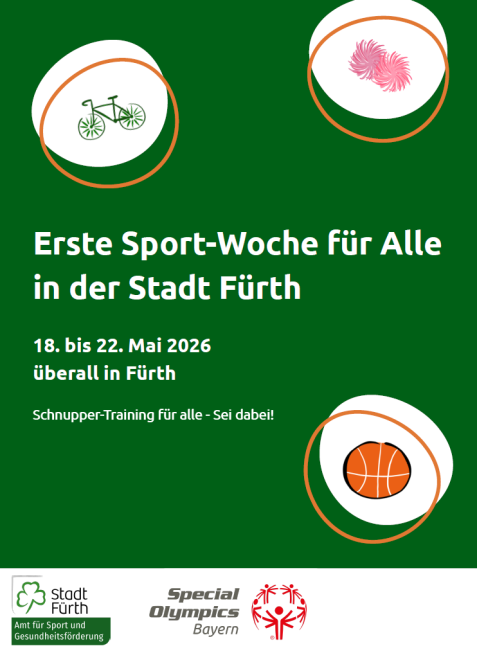 Grüner Hintergrund mit zwei weißen Kreisen, darin eine grüne Fahrrad- und eine pinke Spiralmuster-Illustration, darunter der Text 'Erste Sport-Woche für Alle in der Stadt Fürth