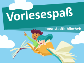 Zwei Kinder fliegen auf einem aufgeschlagenen Buch durch eine Wolkenlandschaft, darüber steht in großen Buchstaben 'Vorlesespaß'