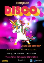 Tanzendes Einhorn unter einem Disco Schriftzug