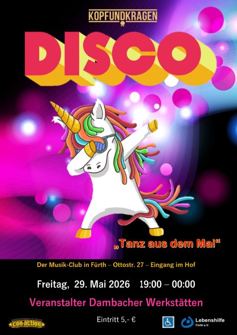 Tanzendes Einhorn unter einem Disco Schriftzug