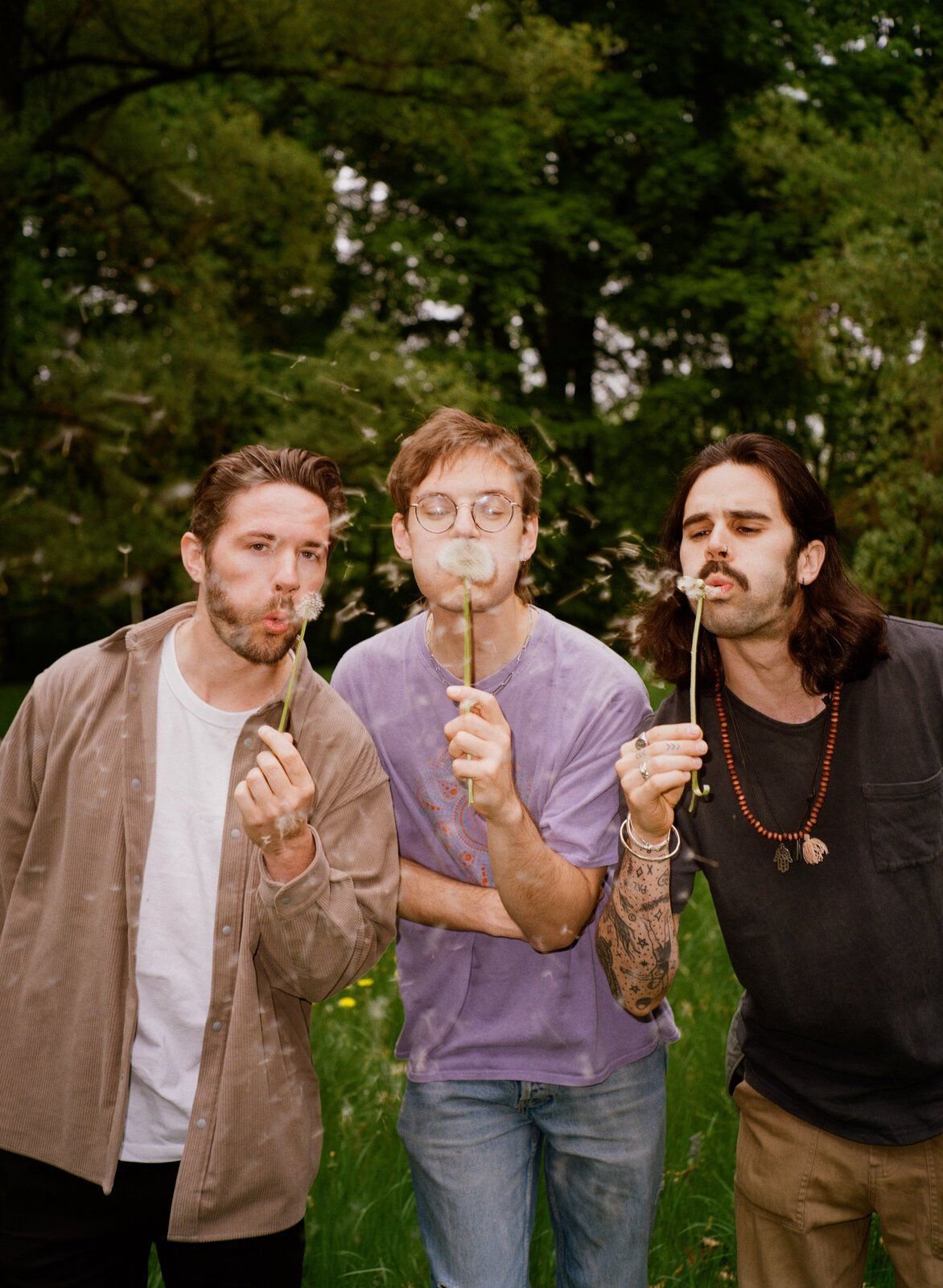 Bandphoto Compadre: 3 junge Männer pusten Pusteblumen