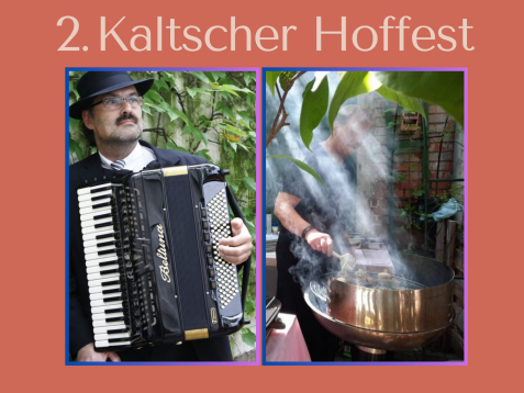Zwei nebeneinander angeordnete Fotos, links eine Person mit Akkordeon vor grünem Laub, rechts eine Person, die über einem dampfenden Topf steht