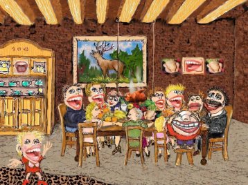 Karikatur einer Gruppe mit übergroßen Mündern, die an einem Holztisch in einem rustikalen Raum mit Hirschbild an der Wand sitzen