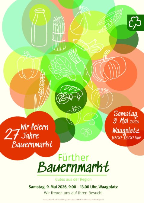 Grafik mit Text zum Bauernmarkt am Waagplatz, mit dem Hinweis auf 27 Jahre Bauernmarkt und dem Slogan 'Gutes aus der Region'