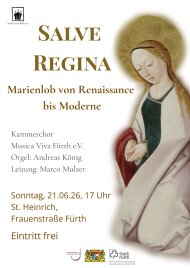Porträt einer Frau mit goldenem Heiligenschein und langem Haar, daneben der Text 'SALVE REGINA Marienlob von Renaissance bis Moderne'
