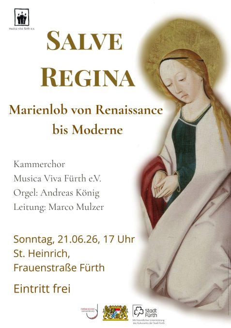 Porträt einer Frau mit goldenem Heiligenschein und langem Haar, daneben der Text 'SALVE REGINA Marienlob von Renaissance bis Moderne'