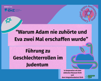 Plakat mit dem Titel 'Warum Adam nie zuhörte und Eva zwei Mal erschaffen wurde' und mit Symbolen eines Davidsterns und einer Schlange, die einen Apfel umschlingt