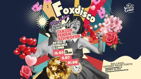 Collage mit tanzendem Paar, Herzluftballons, Rosen, Discokugel und Texten zum Foxdisco-Event.