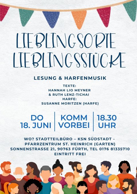 Bunte Wimpelkette über dem Text 'LIEBLINGSORTE LIEBLINGSSTÜCKE'