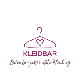 Logo mit einem Kleiderbügel, der ein Herz in der Mitte hat, darüber der Schriftzug 'KLEIDBAR' und darunter der Text 'Laden für gebrauchte Kleidung'