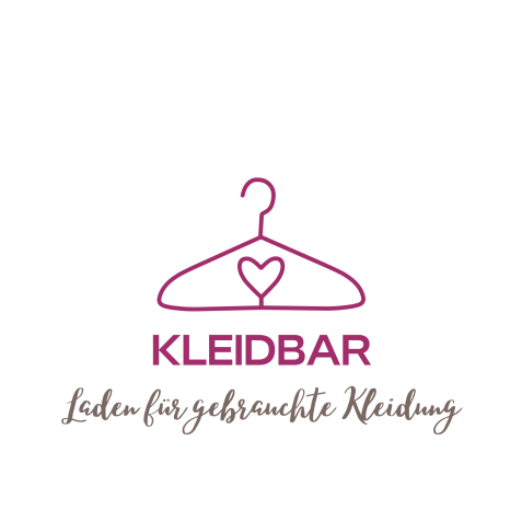 Logo mit einem Kleiderbügel, der ein Herz in der Mitte hat, darüber der Schriftzug 'KLEIDBAR' und darunter der Text 'Laden für gebrauchte Kleidung'