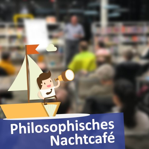 Im Vordergrund eine illustrierte Grafik einer Person mit Fernrohr, die an Board eines Schiffes steht, dessen Rumpf durch ein Buch gebildet wird. Im Hintergrund ein Foto einer Diskussionsrunde in der Innenstadtbibliothek der vobü Fürth.