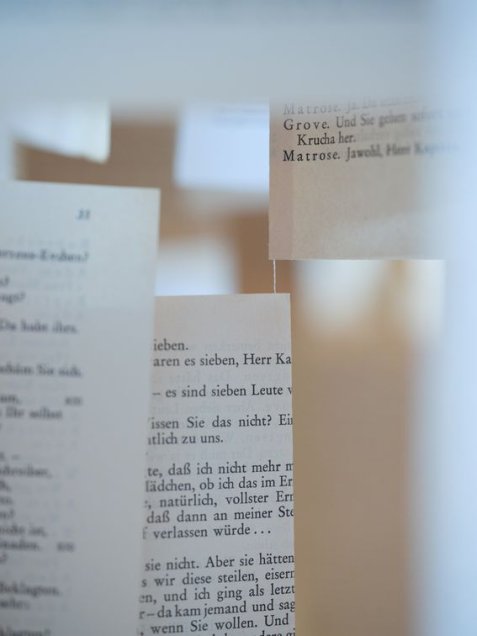 Kunstwerk mit dem Titel "Reclam bewegt". Mehrere unscharfe, hängende Buchseiten mit gedrucktem Text in Schwarz-weiß