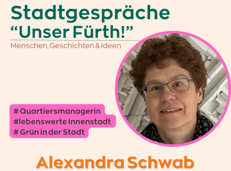 Alexandra Schwab mit kurzen braunen Haaren in einem runden Rahmen neben dem Text 'Stadtgespräche "Unser Fürth!" Menschen, Geschichten & Ideen'