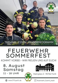 Gruppe von Feuerwehrleuten in Schutzkleidung mit Helmen vor einem Gebäude, rechts oben das Logo der Freiwilligen Feuerwehr Fürth-Stadt