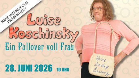 Hans Werner Olm als Frau verkleidet mit rosa Pullover und einem Schild mit handgeschriebener Notiz