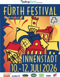 Bunte Illustration mit Stadttheater und Rathaus vor blauem Hintergrund mit gelbem Schriftzug 'FÜRTH FESTIVAL' und URL 'fuerth-festival.de'