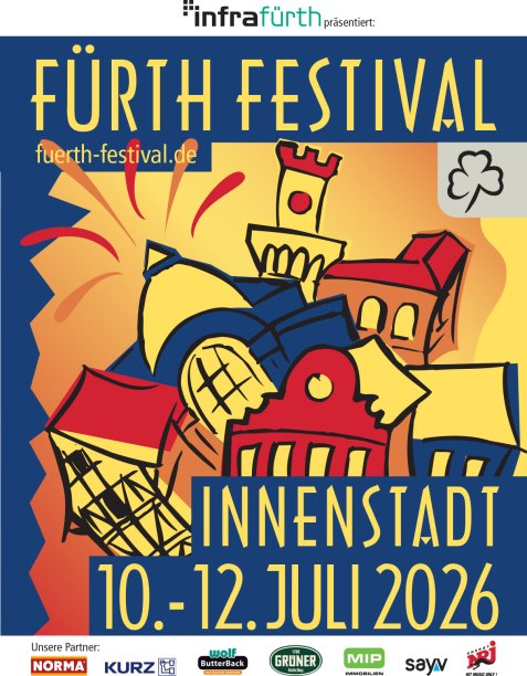 Bunte Illustration mit Stadttheater und Rathaus vor blauem Hintergrund mit gelbem Schriftzug 'FÜRTH FESTIVAL' und URL 'fuerth-festival.de'