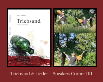 Buchcover des Kriminalromans 'Triebsand' von Raul Ascher mit einer grünen Flasche auf rotem Untergrund und zwei Fotos von einem Mann mit Hut, der eine Gitarre hält und in der Natur steht