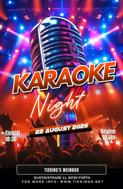 Mikrofon vor jubelnder Menschenmenge bei Karaoke-Nacht am 22. August 2026 mit Einlass um 18:30 Uhr und Beginn um 19 Uhr