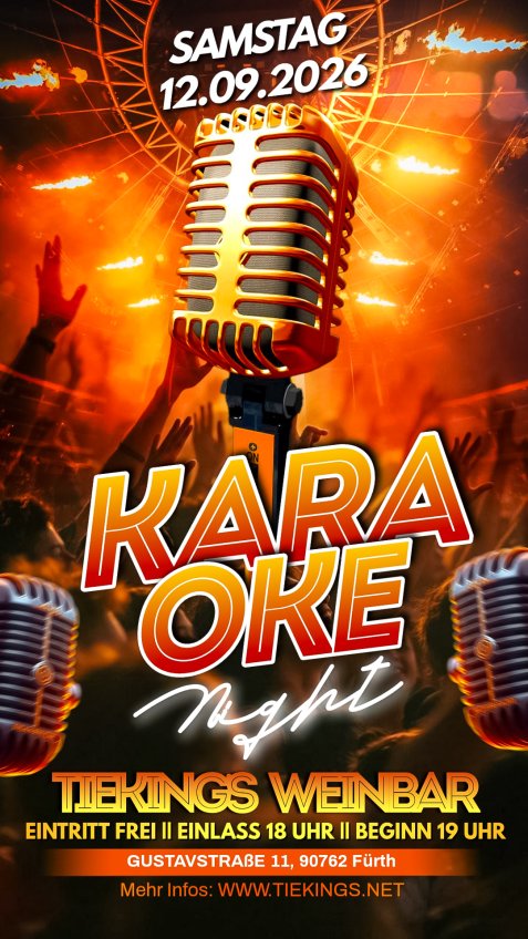 Zwei Retro-Mikrofone links und rechts vor einer jubelnden Menschenmenge mit der Schrift 'KARAOKE night' in großen Buchstaben in der Bildmitte