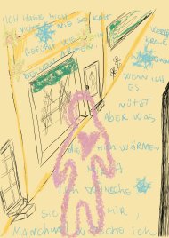 Skizze einer Person vor einem Haus mit Fenstern und Tür, umgeben von handschriftlichen Texten und Sternmotiven