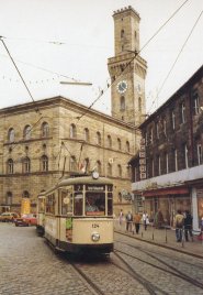 Historisches Bild der Straßenbahn Linie 7 in Fürth in der heutigen Fußgängerzone