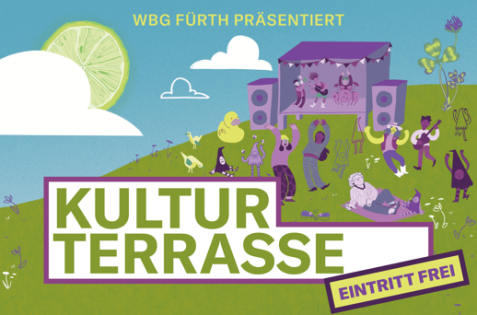 Illustration einer grünen Wiese mit einer Bühne, auf der Musiker spielen, und tanzenden Menschen, darüber der Text 'WBG FÜRTH PRÄSENTIERT KULTUR TERRASSE EINTRITT FREI'
