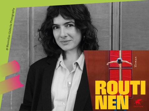 Schwarz-Weiß-Porträt einer lockenhaarigen Person im Blazer neben dem Buchcover „Routinen“ mit einer Turnerin am Barren.