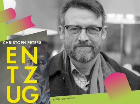 Christoph Peters mit Brille und Bart vor unscharfem Hintergrund neben einem Schriftzug mit dem Namen Christoph Peters und dem Wort Entzug